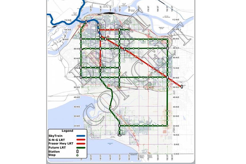 Surrey's proposal for a ~150 km light rail transit network showing lines on  King George, Fraser Hwy, and 104th at first, then Scott Road, 152nd, King George from Newton to White Rock, 192nd, 64 Avenue, 72 Ave, 88 Ave, and 96 Ave in future