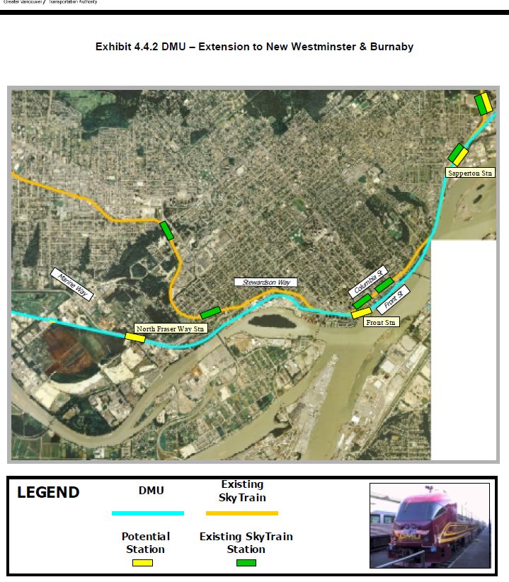 Map showing where stations would be located for a DMU service between Sapperton and big bend in Burnaby