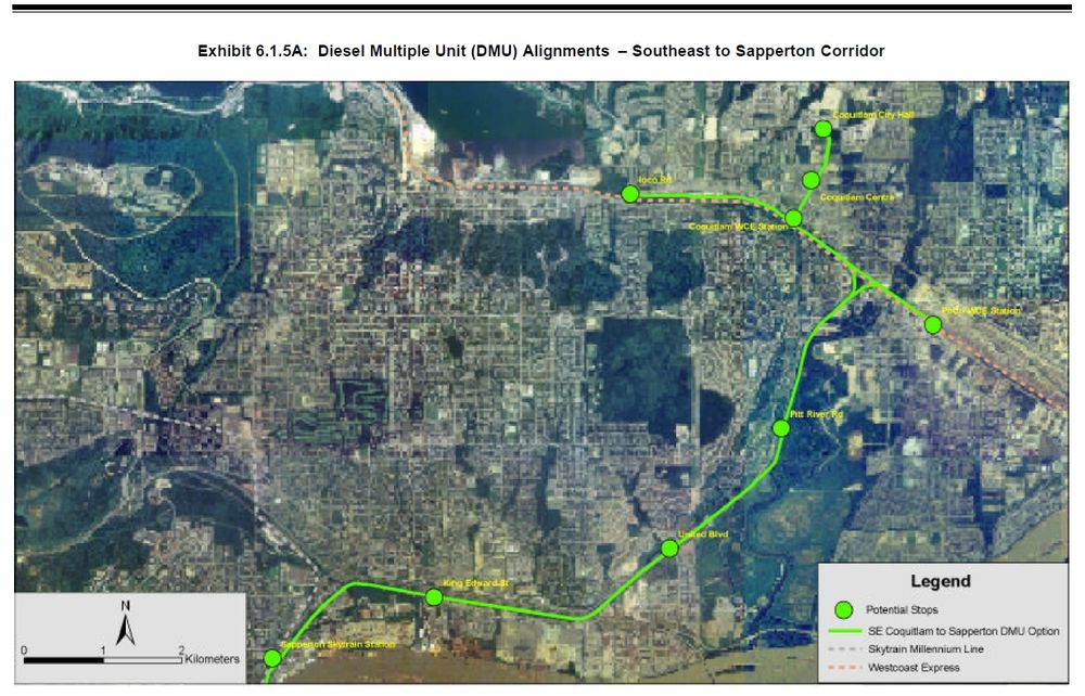 A map showing alignments for the southeast corridor DMU between Sapperton and Coquitlam with branches to Ioco Road, Coquitlam City Hall, and Port Coquitlam 