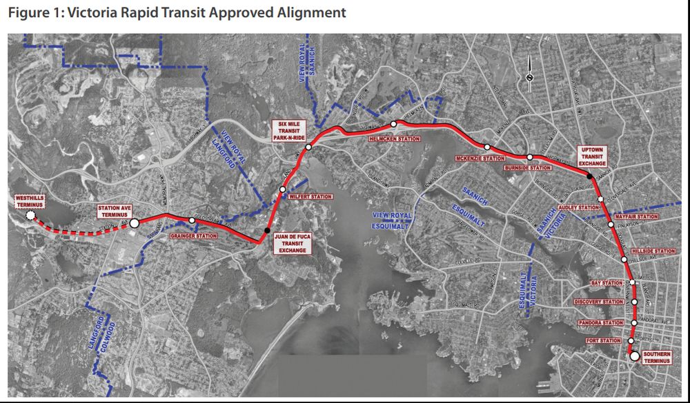 A map showing the approved alignment for Victoria rapid transit showing a line from behind the Empress down Douglas to Uptown then along the highway to Six Mile and into Langford along Coldstream
