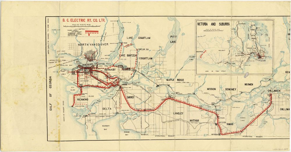 Map of the B.C. Electric Interurban lines from Vancouver out to the Fraser Valley from https://searcharchives.vancouver.ca/b-c-electric-railway-co-ltd-map-of-interurban-routes