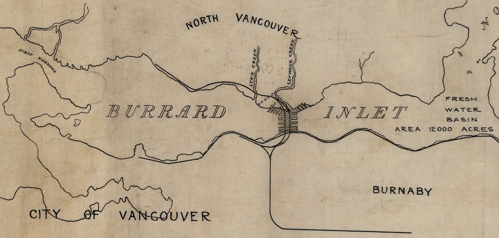 Part of the previous image showing a map of the Vancouver to North Vancouver rail line