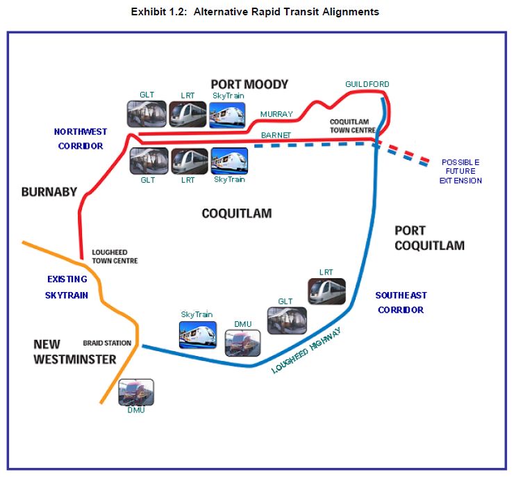 A map showing alternative rapid transit alignments for the northeast sector including GLT, LRT, SkyTrain, and DMU