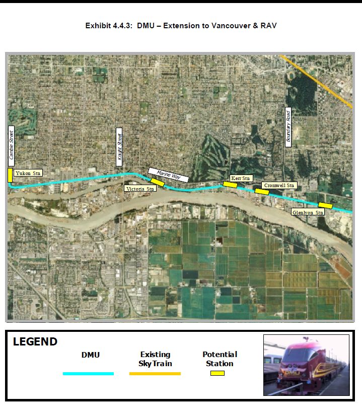 Map showing where stations would be located for a DMU service between big bend in Burnaby and the Canada Line at Marine Drive Station