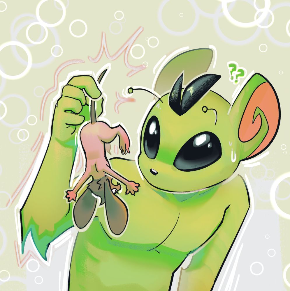 Digital #furry art of an anthro #macro alien mouse holding a smaller #micro mouse upside down by her tail.