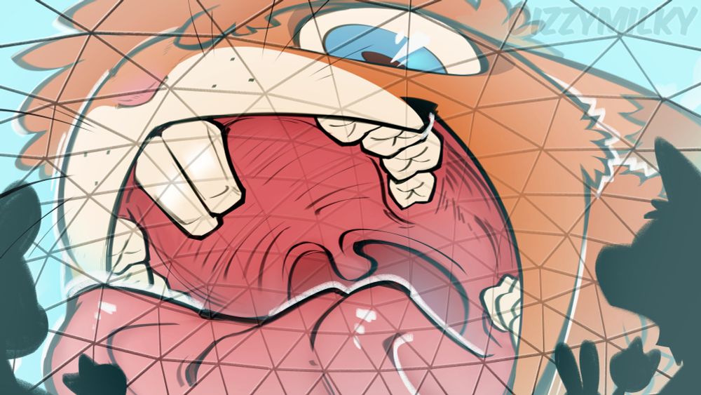 Digital #furry art from inside a dome, a macro anthro squirrel licking the outside while micros inside look up.