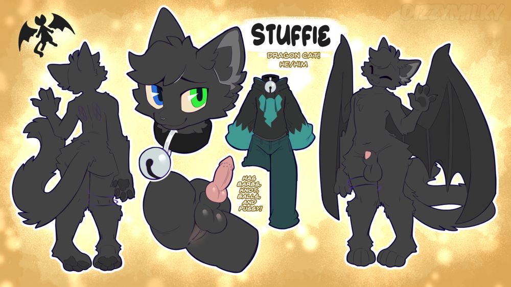 A reference sheet of a dark grey dragon cat with a front and back view of the body, a headshot, and a view of his genitals.