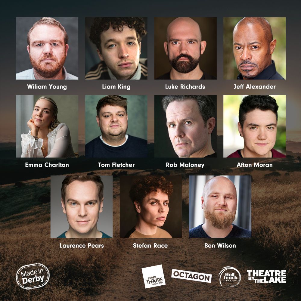 A grid of headshots of the cast for Derby Theatre's production of Of Mice and Men, arranged in three rows with names in red text beneath each image. Top row (L-R): William Young, a man with red hair, a beard, and a serious look; Liam King, a man with curly brown hair and a neutral expression; Luke Richard, bald with a beard and a serious expression; Jeff Alexander, short-cropped hair, a goatee, and a focused look. Middle row (L-R): Emma Charlton, blonde hair tied back, head resting on hand, smiling softly; Tom Fletcher, short brown hair, neutral expression; Rob Maloney, dark short hair, serious look; Afton Moran, short dark hair, neutral expression. Bottom row (L-R): Laurence Pears, light brown hair, slight smile; Stefan Race, curly hair, neutral look; Ben Wilson, shaved head, beard, warm smile.