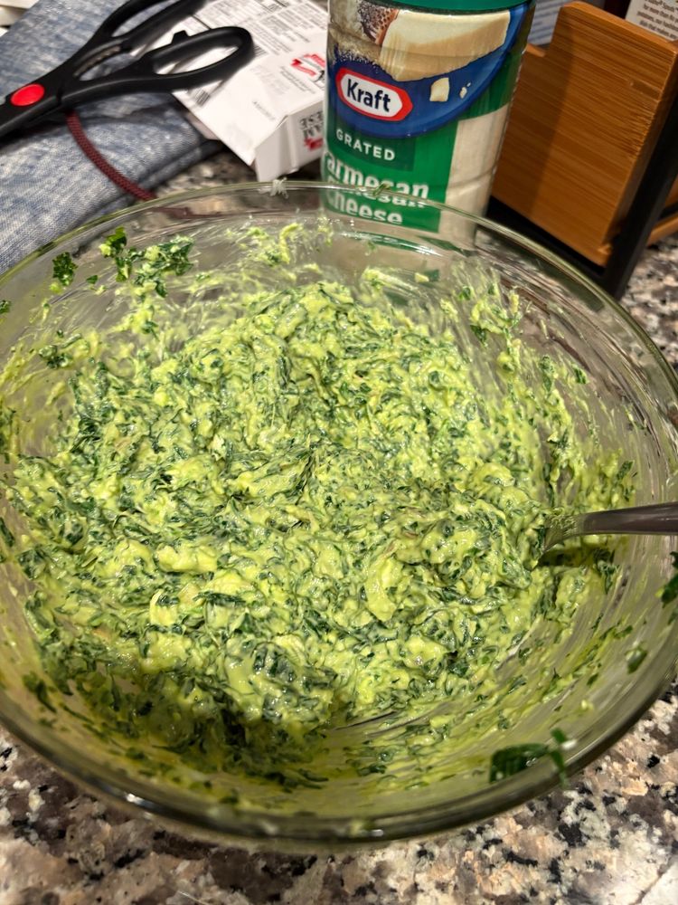 Mixed with 6oz of cream cheese 2oz of goat cheese, healthy sprinkling of Parmesan, and cold smoked honey salmon. Oh! and one egg yolk