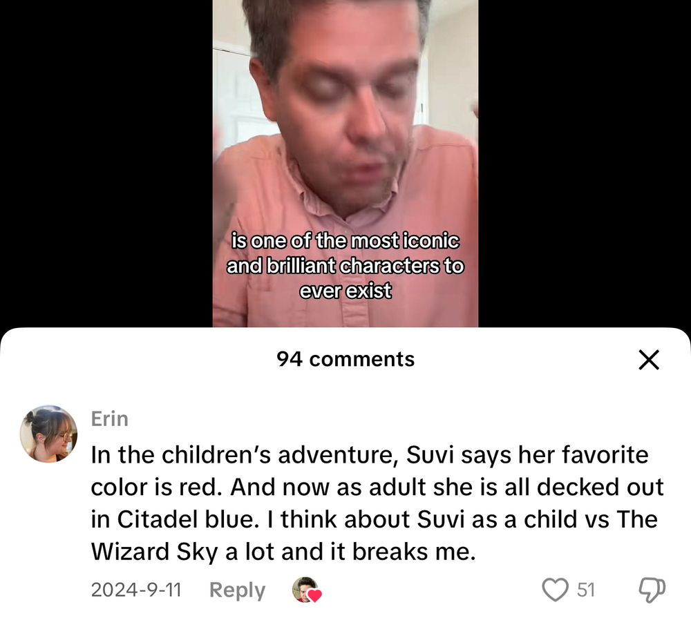 Screenshot of comment saying “in the children’s adventure, Suvi says her favorite color is red. And now as an adult she is all decked out in Citadel blue. I think about Suvi as a child vs the Wizard Sky a lot and it breaks me.