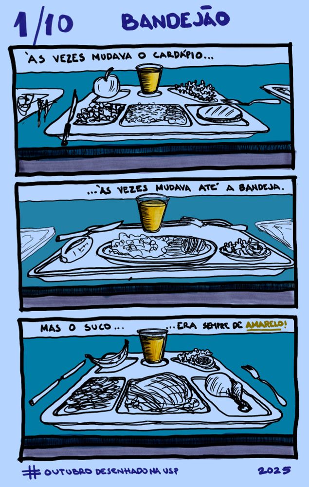 uma história em quadrinhos com uma sequência de diferentes bandejas de restaurante universitário e sempre um copo com líquido amarelo 