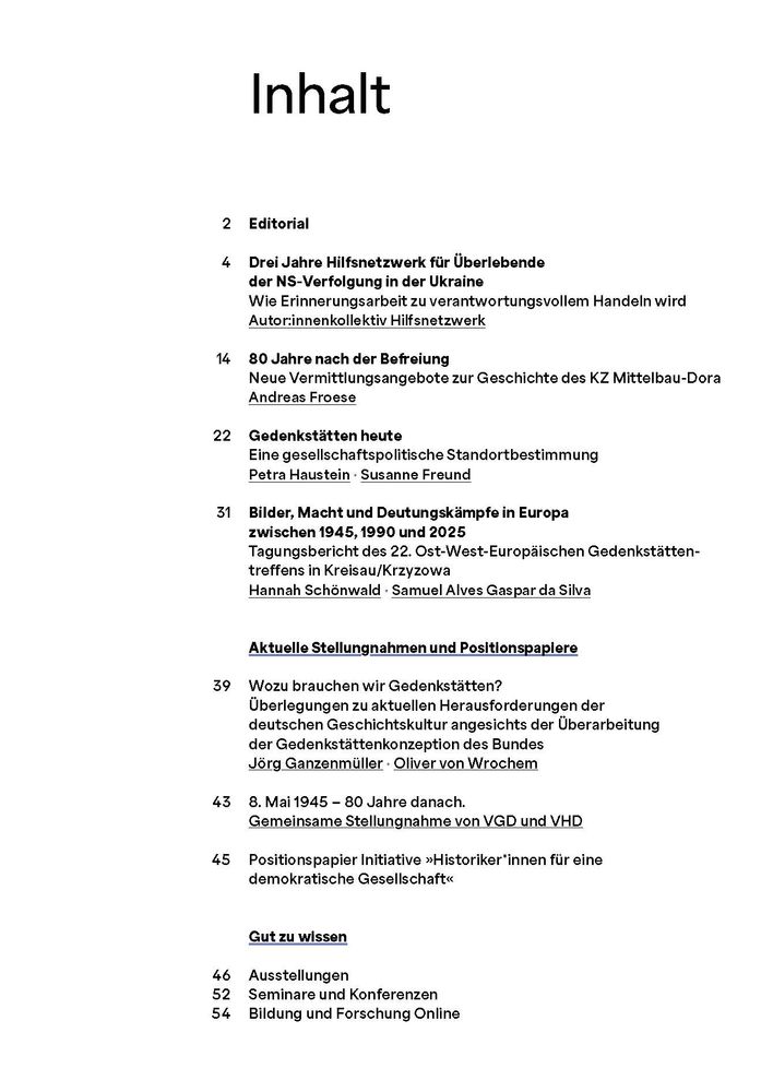 Inhaltsverzeichni der Zeitschrift GedenkstättenRundbriefs Nr. 218 (Juni 2025)