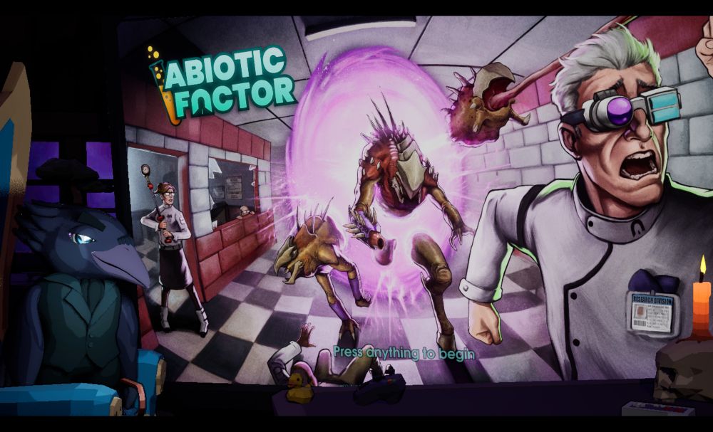 weird little bird guy holding a crowbar grinning in front of a TV showing the title screen for the game "Abiotic Factor."