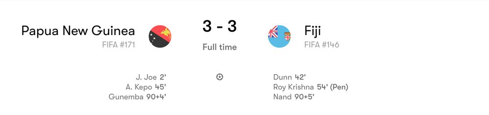 Screenshot of Papua New Guinea 3-3 Fiji with last minute goals for each side.