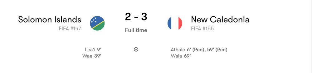 Screenshot shows Solomon Islands 2-3 New Caledonia.