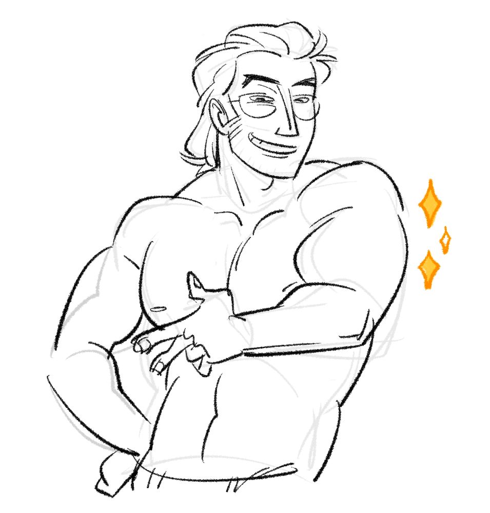 a sketch drawing of kazuhira miller flexing his biceps with some sparkles around him to indicate pride in his physique.