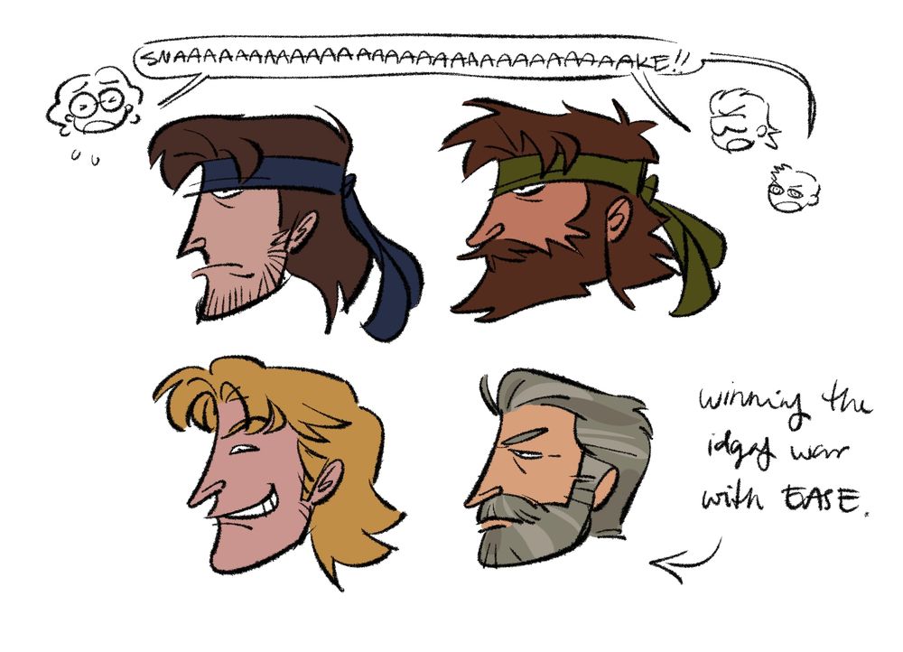 coloured headshots of the different snakes from throughout the metal gear franchise. from left to right, top to bottom: solid snake, naked snake, liquid snake and solidus snake.

