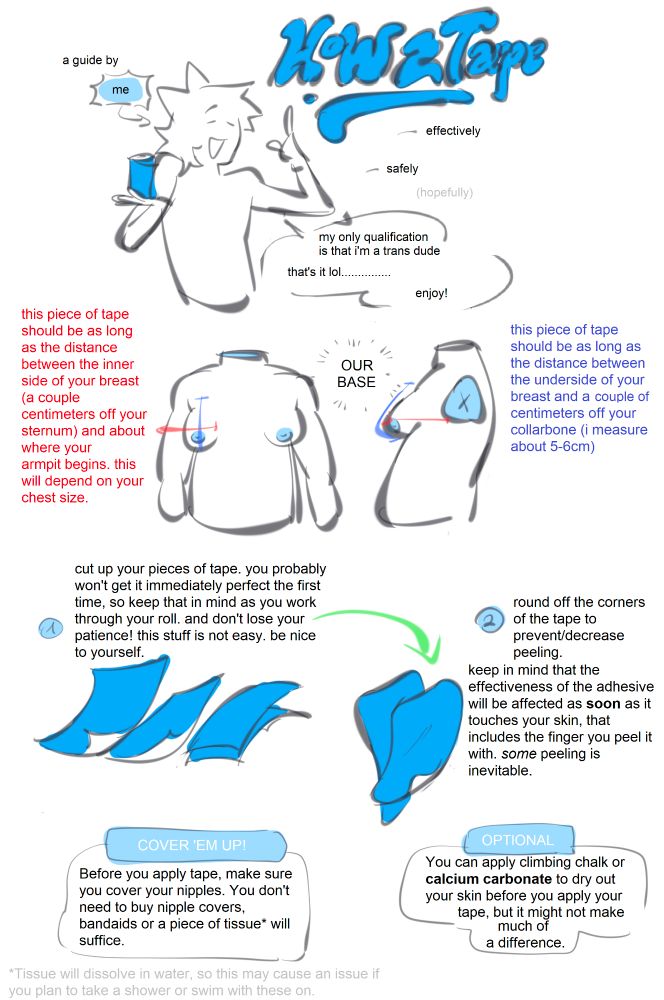 HOW TO TAPE: 

this piece of tape (marked with red) should be as long as the distance between the inner side of your breast (a couple centimeters off your sternum) and about where your armpit begins. this will depend on your chest size.

this piece of tape (marked with dark blue) should be as long as the distance between the underside of your breast and a couple of centimeters off your collarbone (i measure about 5-6cm)

1. cut up your pieces of tape. you probably won't get it immediately perfect the first time, so keep that in mind as you work through your roll. and don't lose your patience! this stuff is not easy. be nice to yourself.

2. round off the corners of the tape to prevent/decrease peeling. keep in mind that the effectiveness of the adhesive will be affected as soon as it touches your skin, that includes the finger you peel it with. some peeling is inevitable.

COVER 'EM UP!
Before you apply tape, make sure you cover your nipples. You don't need to buy nipple covers, bandaids or a piece of tissue* will suffice.

OPTIONAL
You can apply climbing chalk or calcium carbonate to dry out your skin before you apply your tape, but it might not make much of a difference.

*Tissue will dissolve in water, so this may cause an issue if you plan to take a shower or swim with these on.