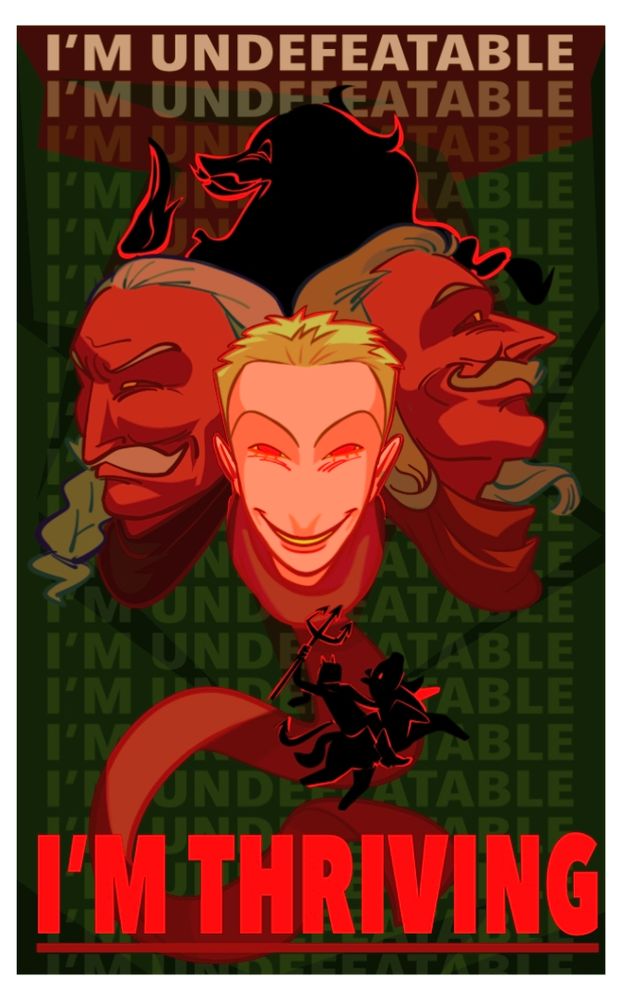 a poster of revolver ocelot, featuring three headshots of him in the middle, with his metal gear solid one and two designs on the left, his metal gear solid five design on the right and his metal gear solid three design in the middle. behind him is a cartoon of him laughing with devil horns, and on his flowing red scarf is another cartoon of him riding on a horse with a trident and devil horns. text behind him says "I'm undefeatable, I'm thriving", which are the lyrics for Terrible Things by AXIE. 