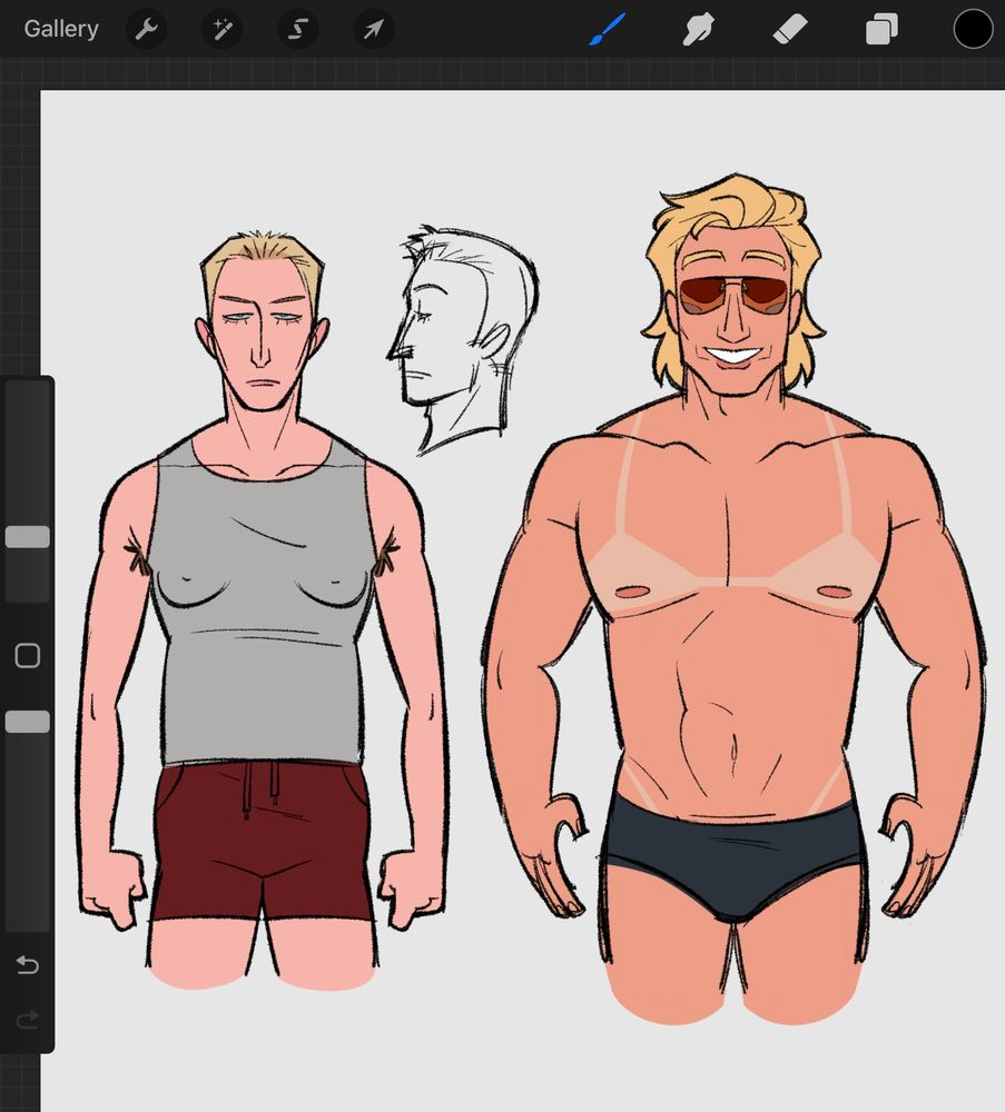 a coloured drawing of revolver ocelot and kazuhira miller standing next to each other. ocelot is in a grey tanktop and dark red shorts, meanwhile kaz is shirtless and in a black speedo.