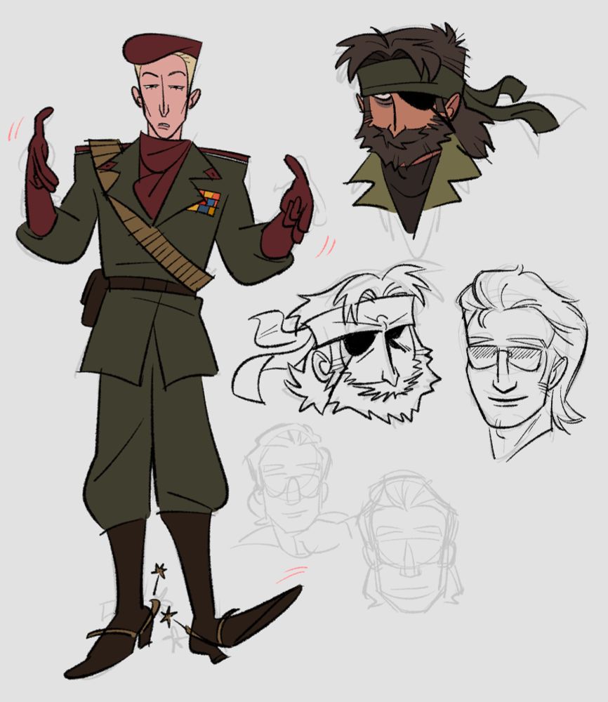 a fullbody drawing of revolver ocelot with his fingerguns up, in his metal gear solid 3 design next to a coloured headshot of naked snake. there are also some more sketched of naked snake and kazuhira miller.