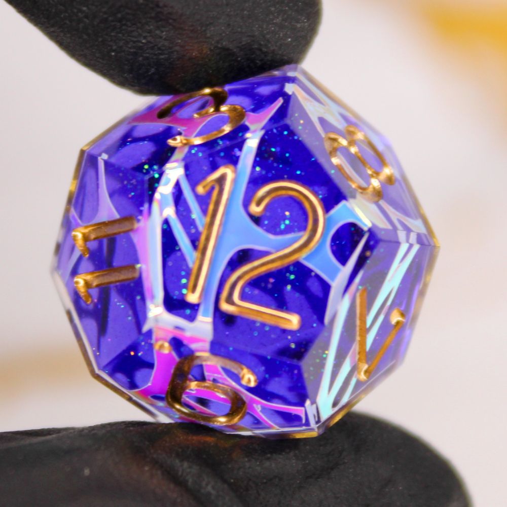 A purple d12 with iridescent patterns and gold numbers.