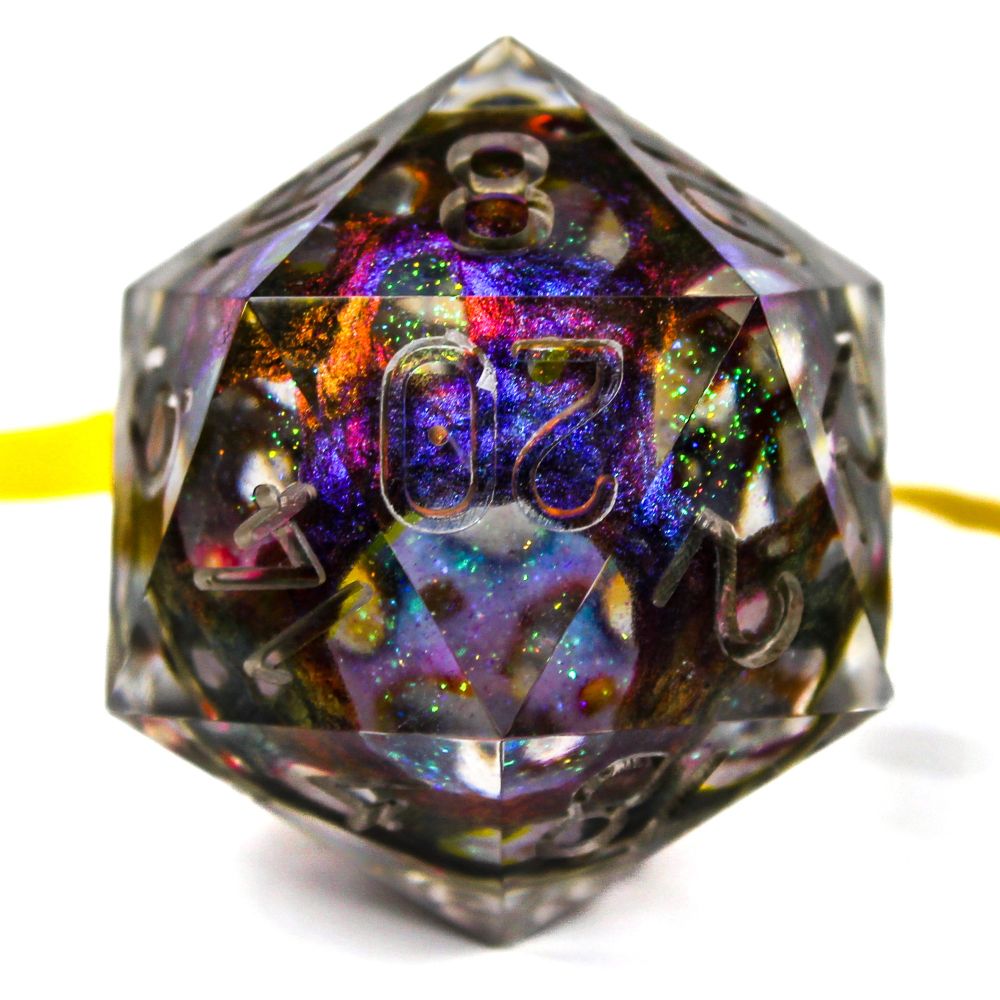 A photo of a d20 inspired by the Anomaly from the TV series Arcane. It has a pierced design in colourshifting tones of purple, blue and gold.