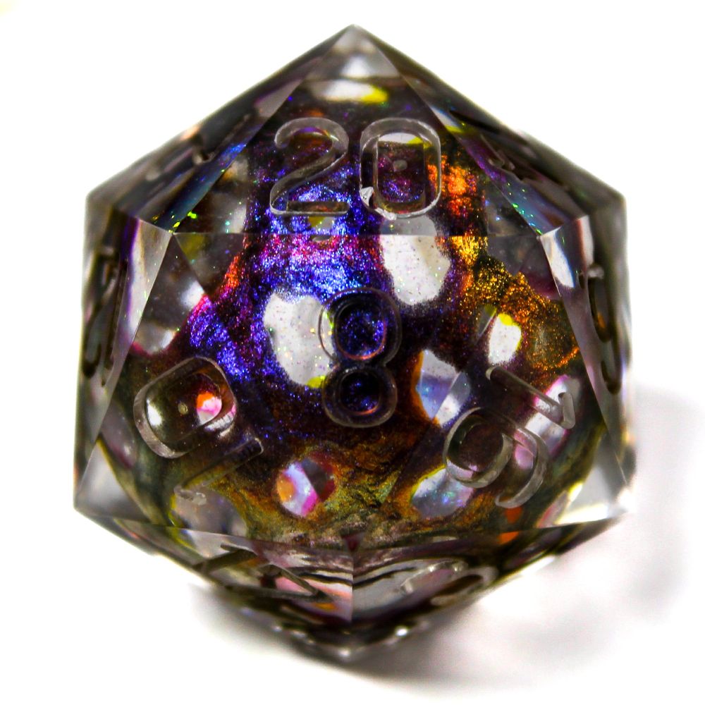 A photo of a d20 inspired by the Anomaly from the TV series Arcane. It has a pierced design in colourshifting tones of purple, blue and gold.