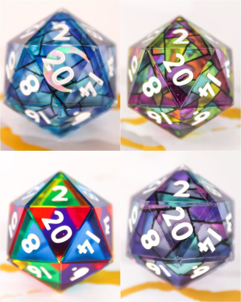 A composite image of multiple d20s with a stained glass style.