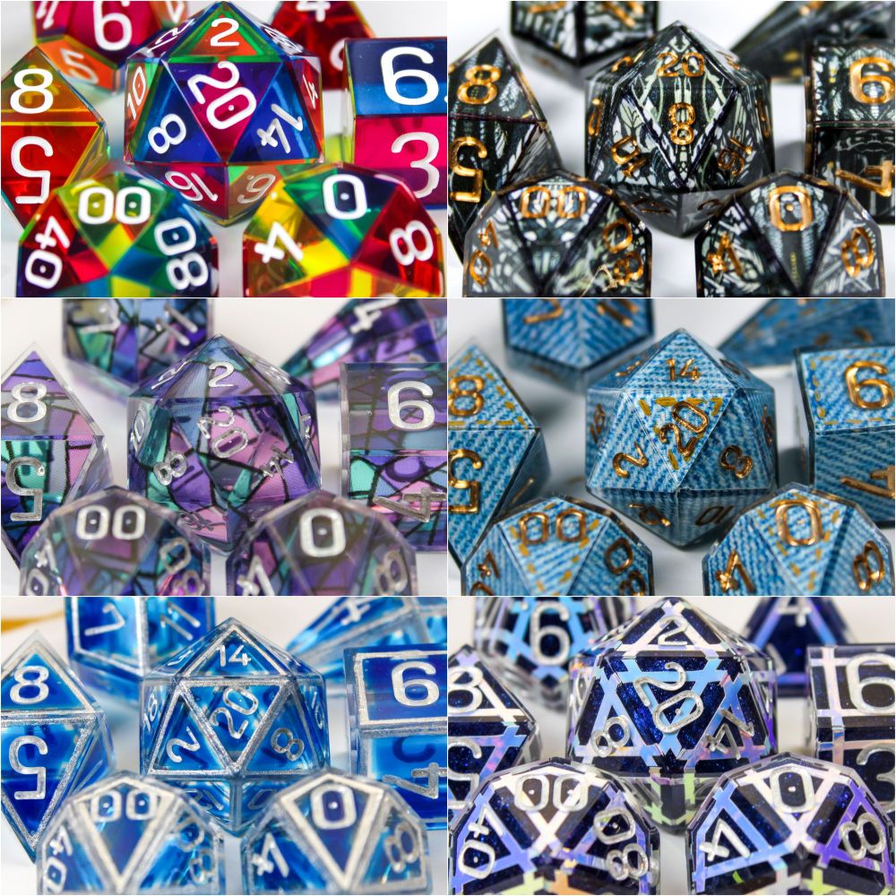 A composite image of 6 dice sets with various themes including stained glass style dice sets, a CMY rainbow coloured set, a denim dice set and an iridescent galaxy set.