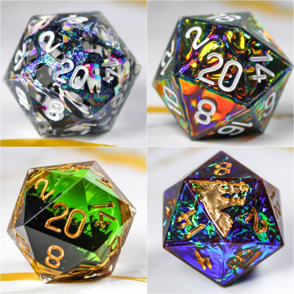 A composite image of 4 d20s. They range in colours and styles and include three iridescent colourful d20s and one d20 inspired by the lord of the rings featuring a silhouette of the fellowship of the ring.