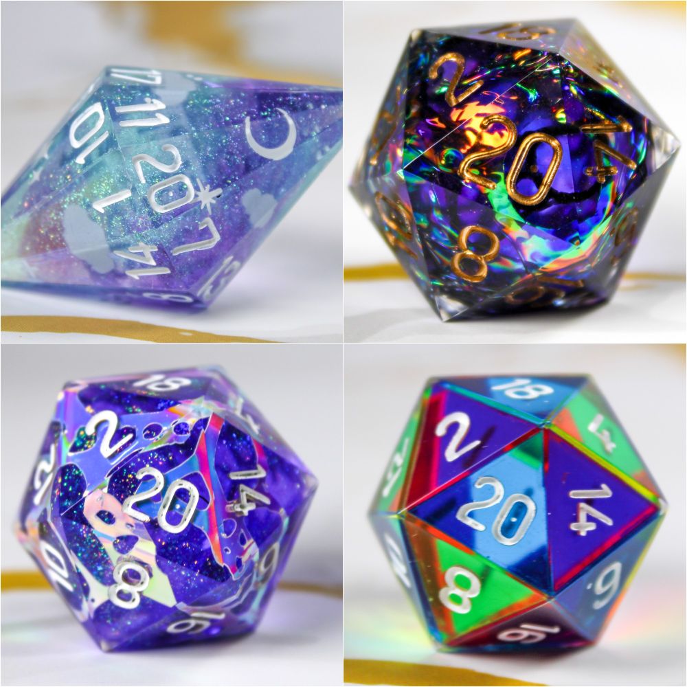A composite image of 4 d20s. They range in colours and styles and include a pastel starry sky inspired d20, two d20s inspired by the show Arcane and a CMY d20 with colours of the rainbow.