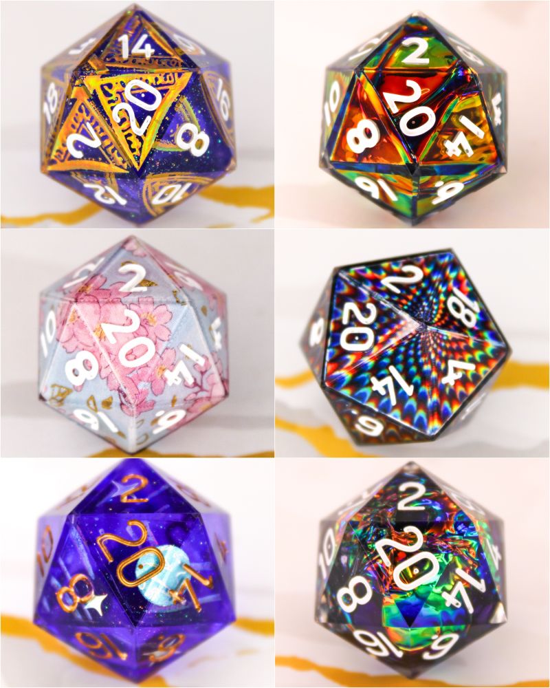 A composite image of multiple dice, many of them are holographic and colourful.