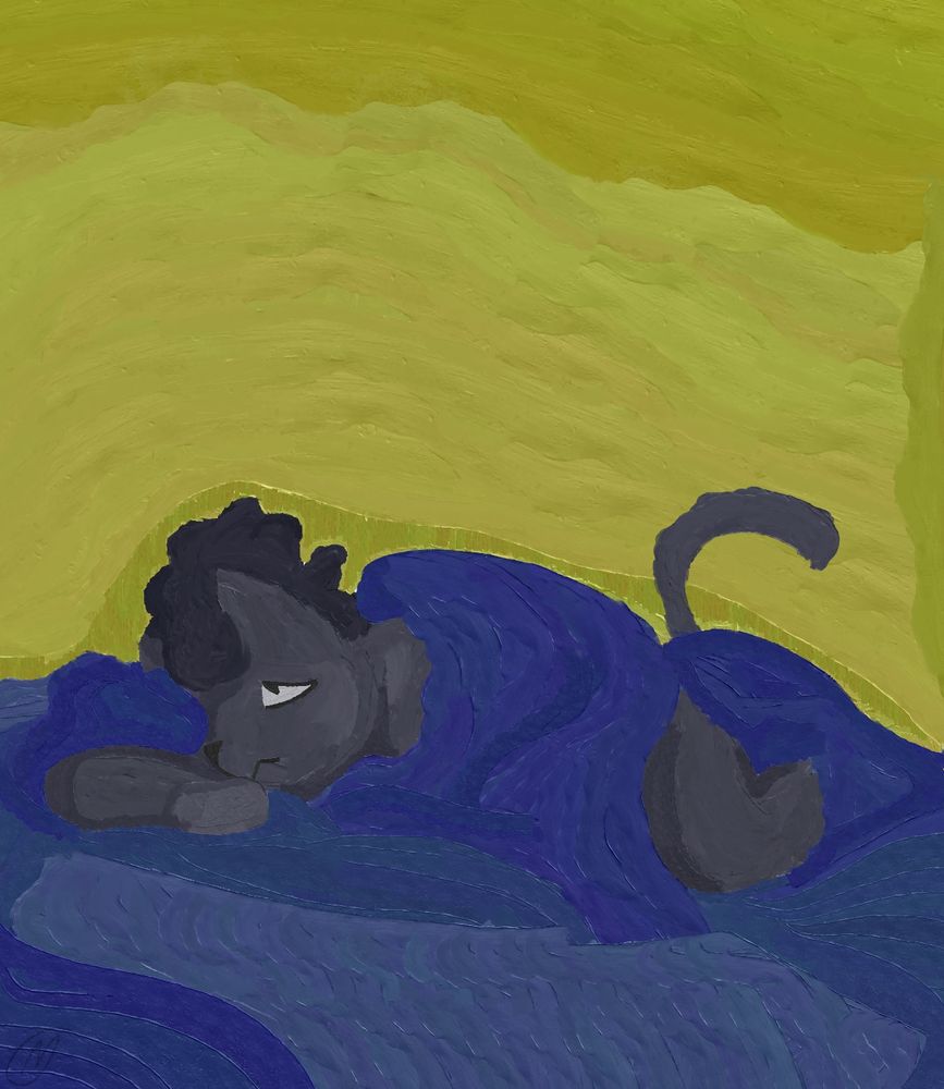 a anthropomorphic cat lays entwines in blue blankets. they're resting on their belly, with their face mostly down and eyes forward. the background is a dull, wavy-ish yellow. 