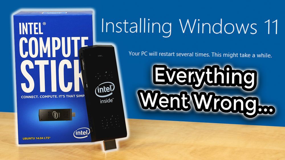 a YouTube thumbnail featuring an Intel Compute Stick next to its box sitting on a wooden table. In the background is the 