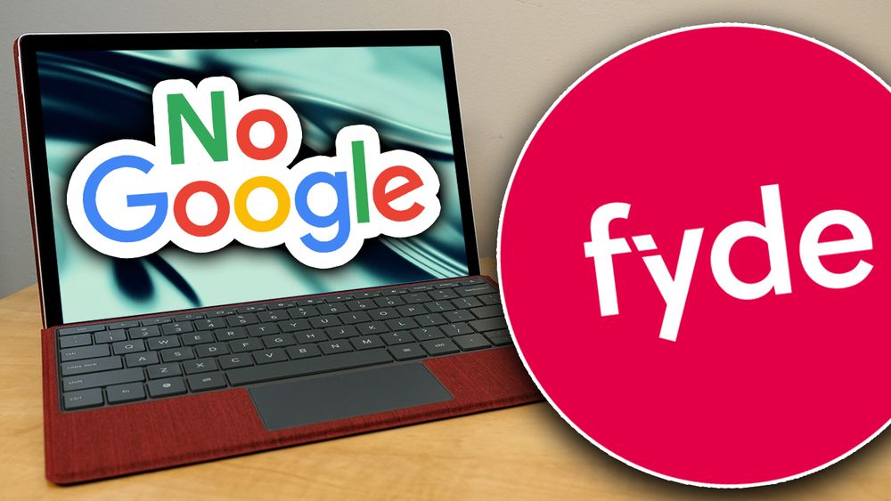 a YouTube thumbnail featuring the Fydetab Duo with its keyboard case sitting on a wooden table. On screen are the words "No Google", and to the right of the tablet is the Fyde logo. 