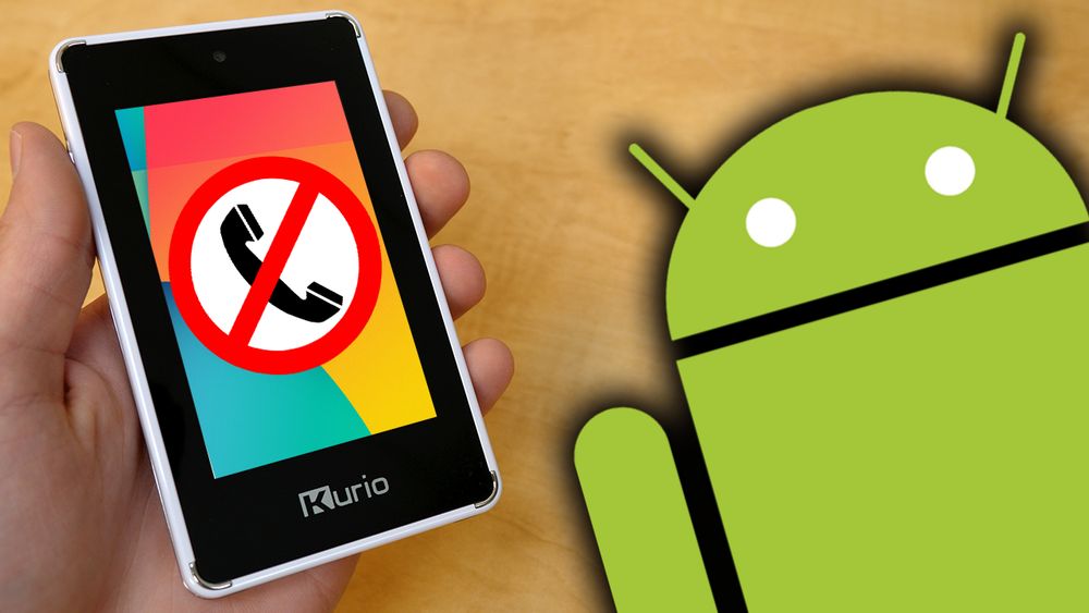 a YouTube thumbnail featuring the mini Android tablet with a phone icon on screen. Over the phone icon is a "do not" symbol. The Android mascot is on the right side. 