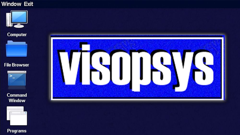 a YouTube thumbnail featuring the Visopsys logo in the foreground, with the Visopsys desktop in the background.