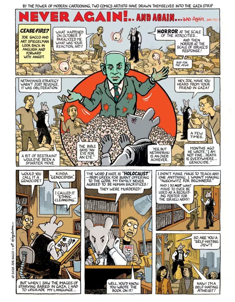 https://www.theguardian.com/world/picture/2025/feb/14/joe-sacco-art-spiegelman-israel-gaza-war-ceasefire-cartoon?utm_term=Autofeed&CMP=bsky_gu&utm_medium=&utm_source=Bluesky#Echobox=1739536451