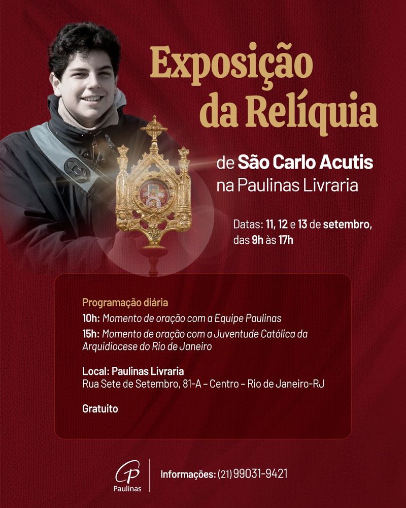 anúncio de exposição da relíquia de são carlo acutis em uma livraria católica aqui no centro do rio de janeiro