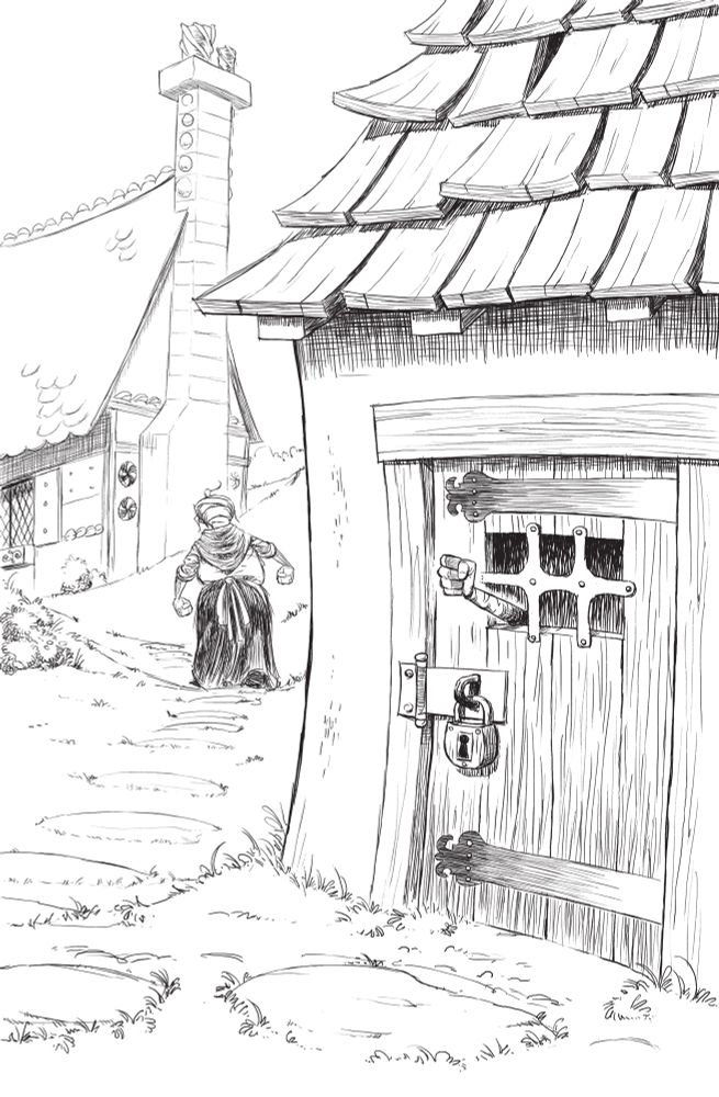 A witch stomps away from a locked ramshackle shed. Someone is shaking their fist at her through the shed’s grated window. 