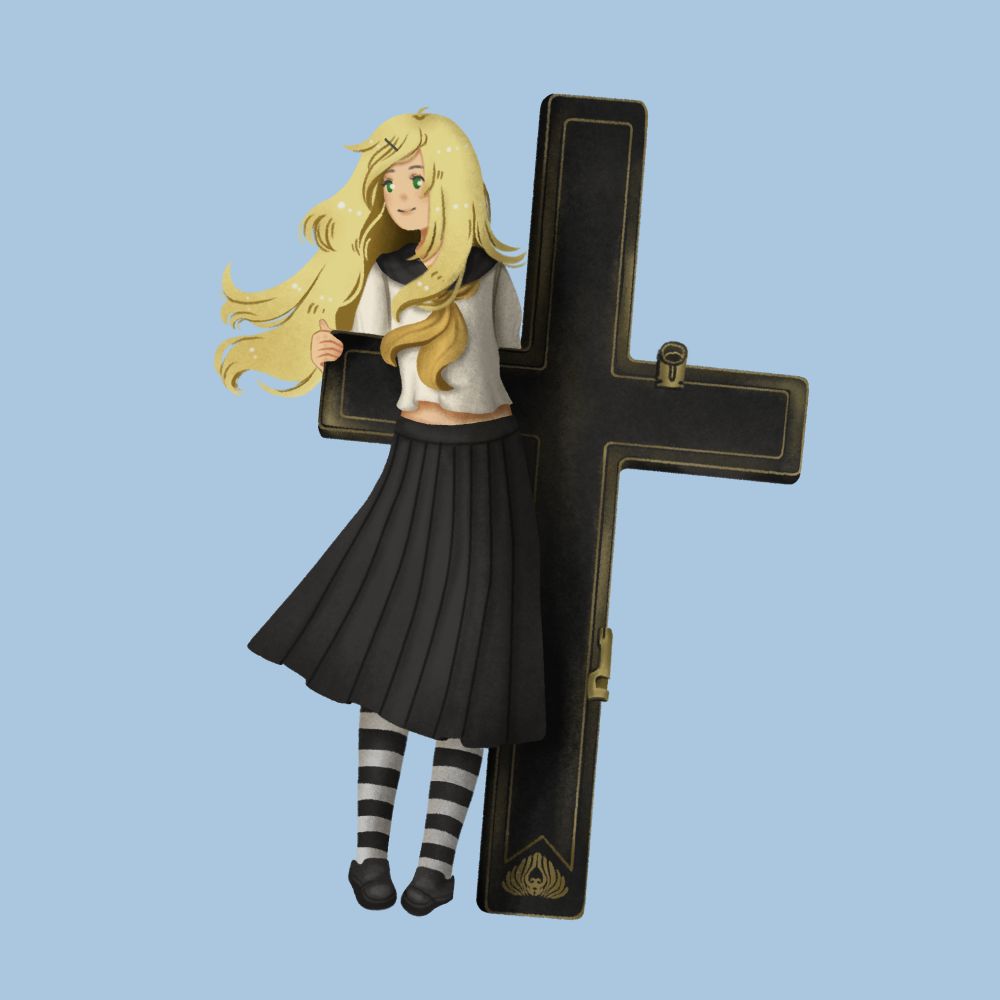 a teenager with blonde hair and green eyes leaning on a giant cross as tall as her