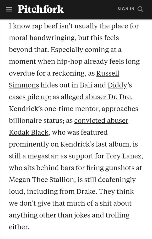 Screenshot of pitchfork essay on Drake and Kendrick beef