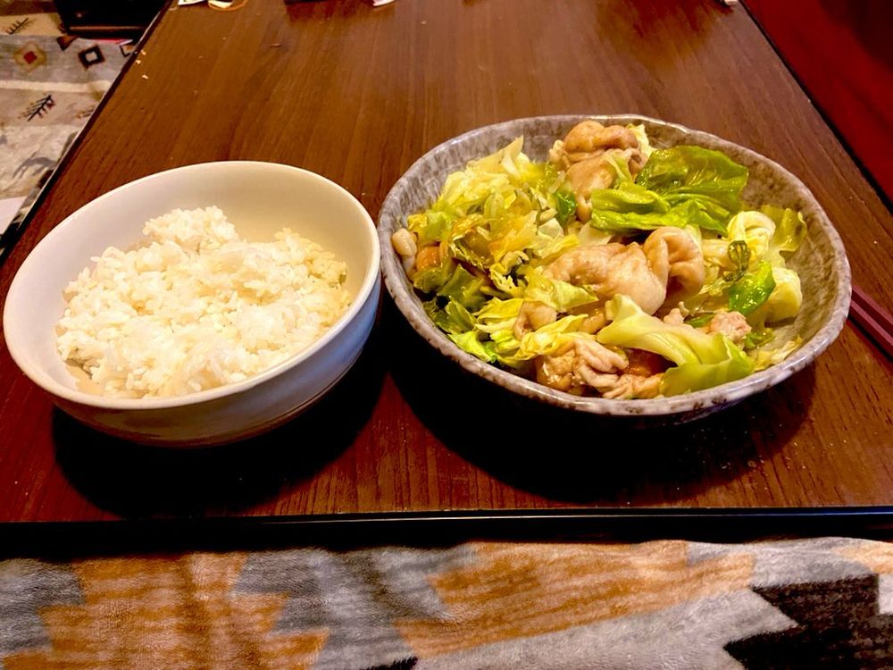 どんぶり飯と鶏皮とキャベツを炒めたもの