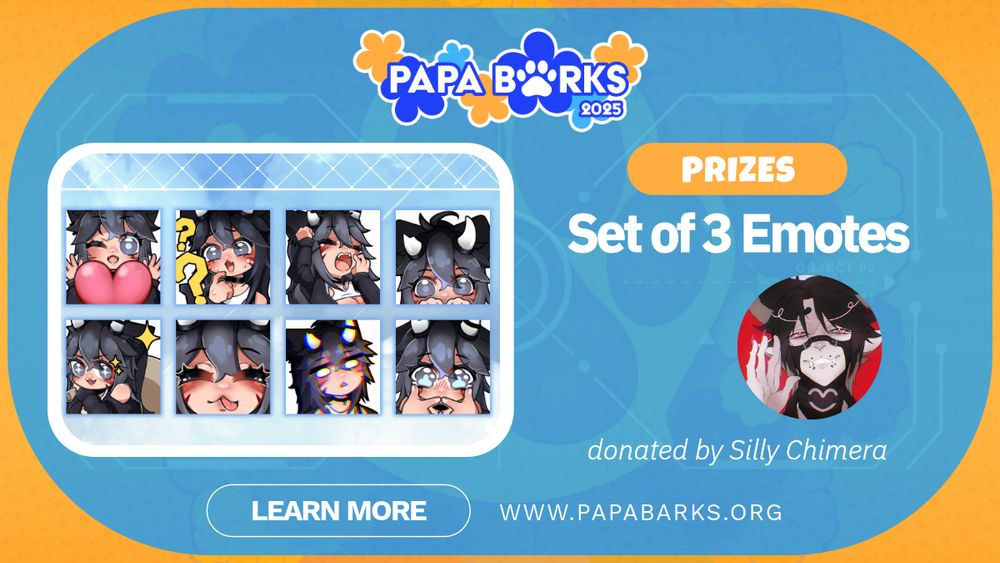 Papa Barks finale prize graphic: set of three emotes donated by Silly Chimera!