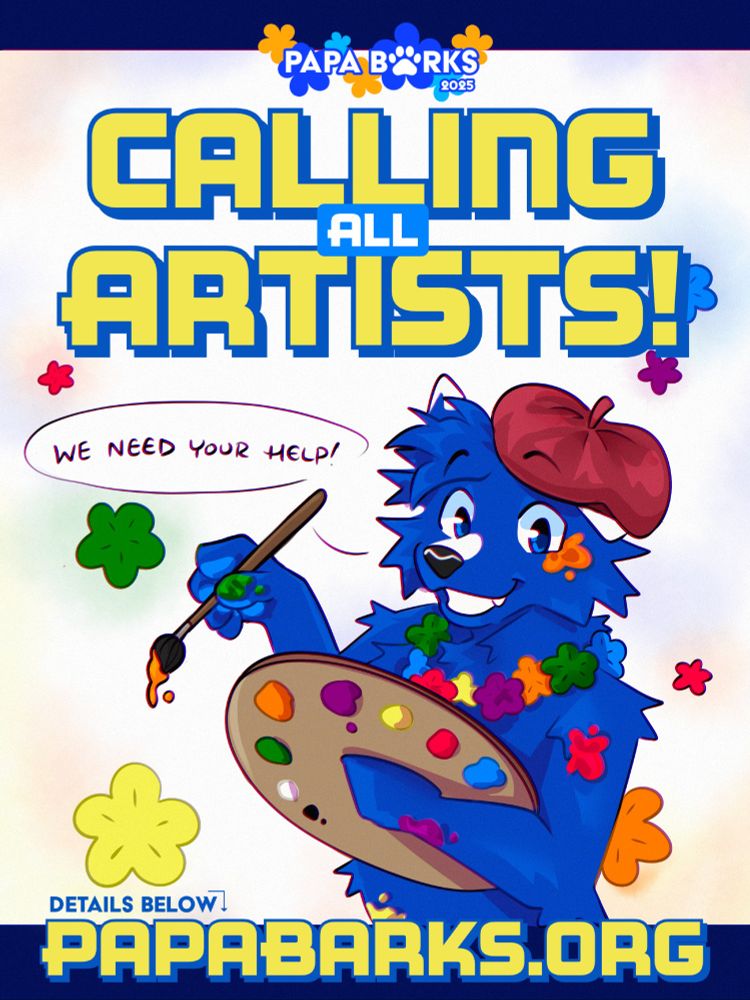 Papa Barks mascot PB with an art palette and the text Calling All Artists - We need your help!