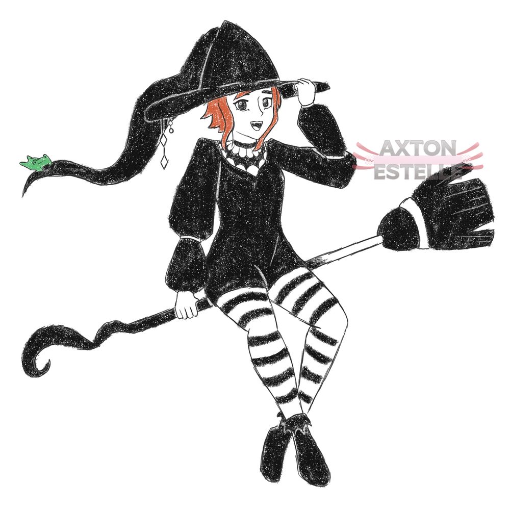 Black and white witch with orange hair sitting sideways on a broom. There’s a little frog holding on to the tip of her long and epic witch hat as it blows in the wind.