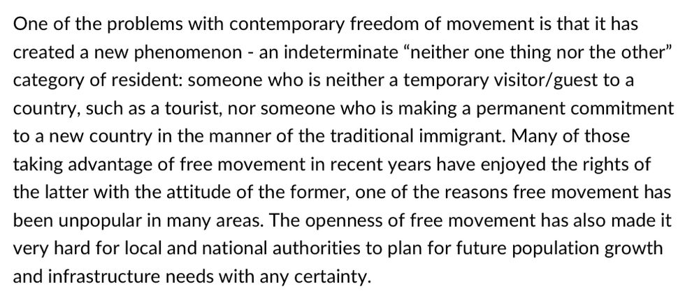 A paragraph from policy exchange attacking EU citizens in the UK of not making a commitment to the country.