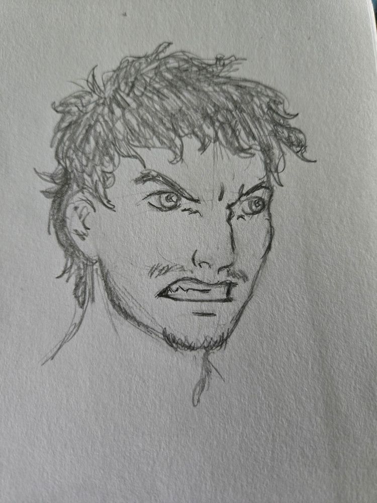 A sketch of a man with curly black hair making a disgusted expression.
