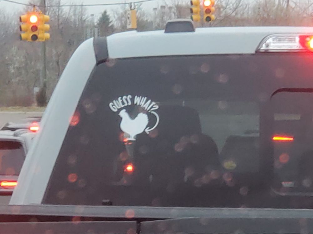 A photo of a truck window with a decal of the question "Guess what?" inscribed in white next to an arrow pointing down and around to the rear end of a silhouetted chicken. (Guess what? Chicken butt.)